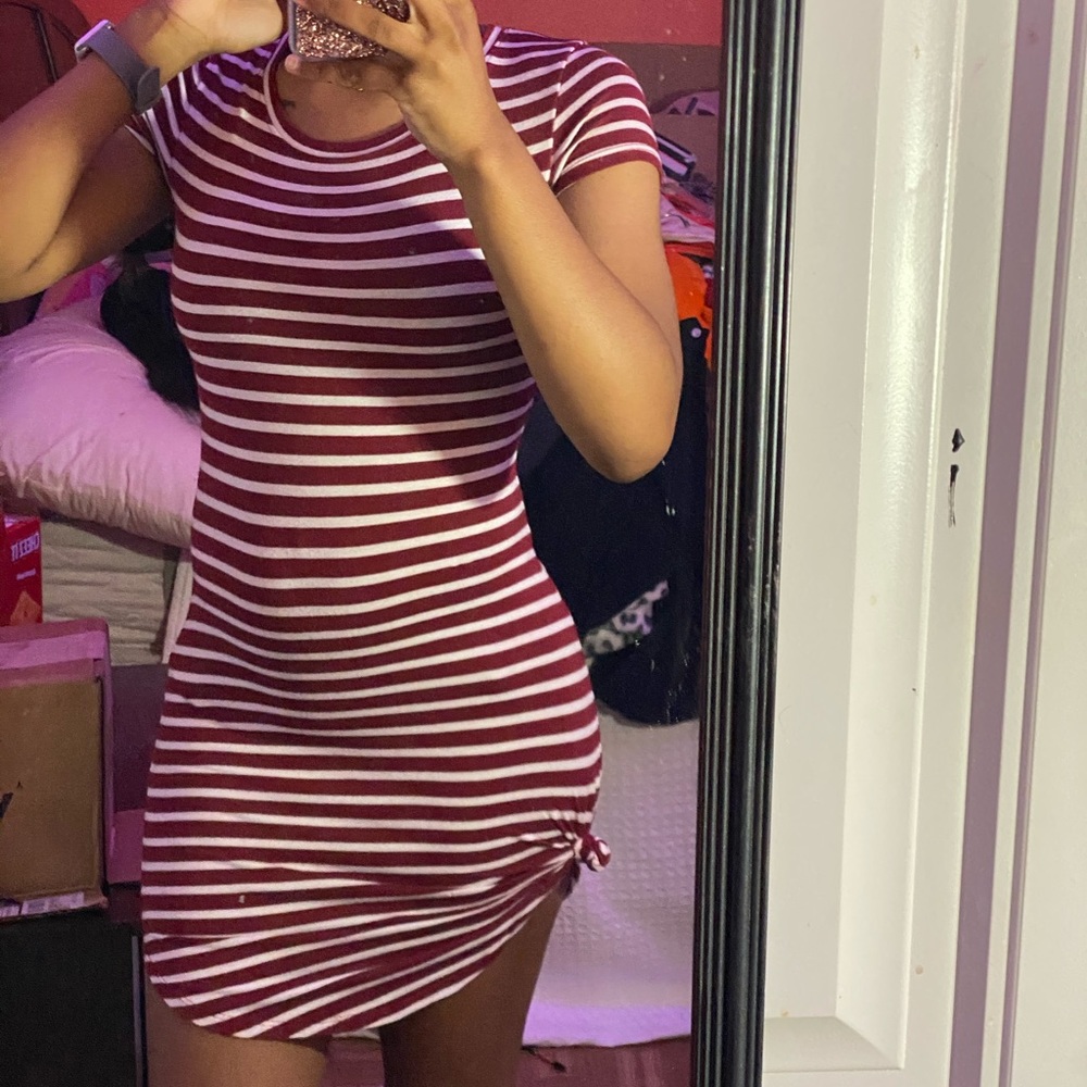Striped Dress-Burgundy/White